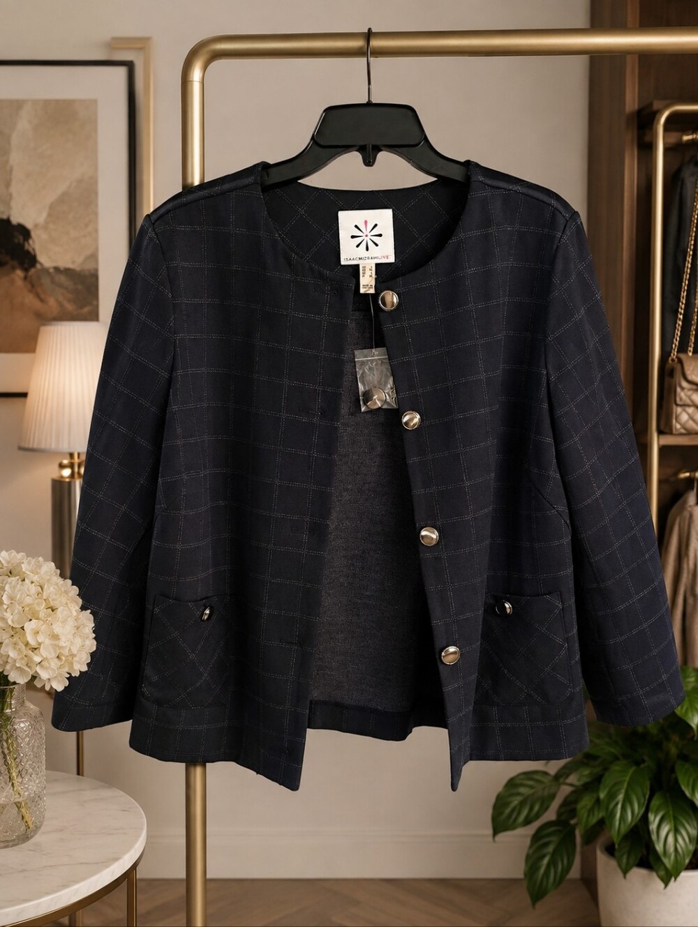 Isaac Mizrahi Live Navy & Gray Windowpane Jacket Blazer Size L